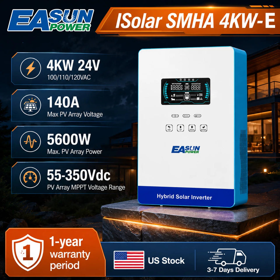 EASUN POWER 4KW Inverter 110V Off Grid Solar Inverter 24V 140A 5600W MPPT Charger Pure Sine Wave Home Inverter 6.25 Inch LCD Display 4000W Hybrid Inverter 120V Inversor