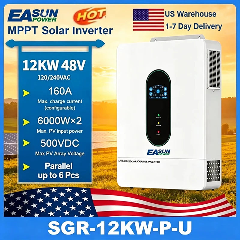 EASUN POWER 120V/110V 12KW hybrid solar inverter 48V photovoltaic split inverter with built-in 200A parallel solar charging control US warehouse