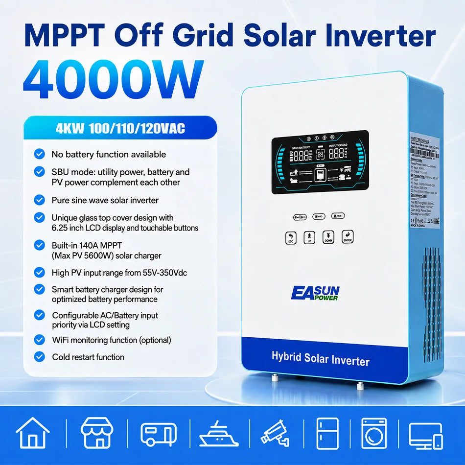 EASUN POWER US Hybrid Inverter 4KW 24V 140A MPPT Solar Charger Pure Sine Wave Inverter for Home 6.25 Inch LCD Display Household