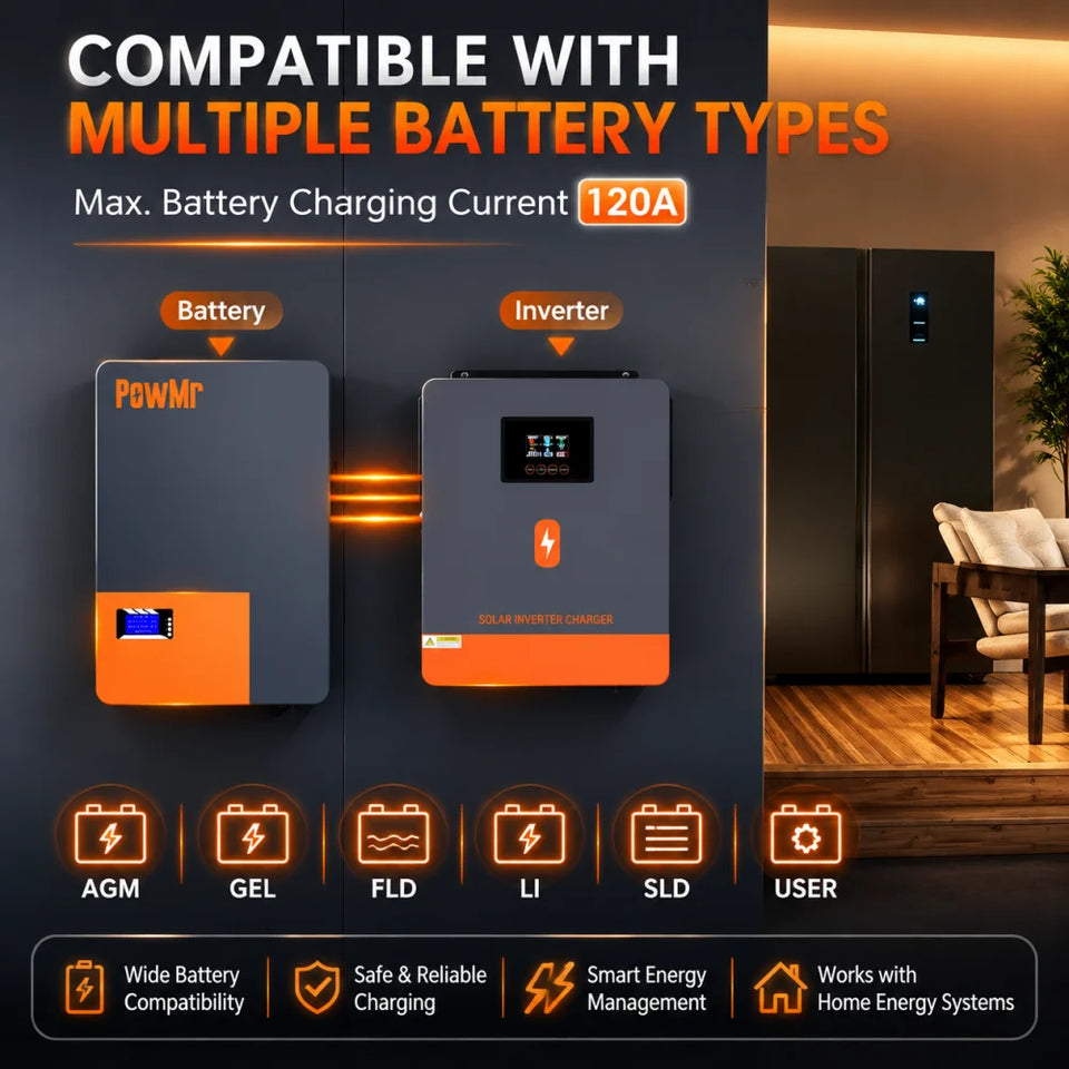 PowMr 4.5VA/6.5VA Off Grid Solar Inverter 24V/48Vdc to 220Vac MPPT 120A Charge Controller BMS Communication Max PV 450V for Home Solar System
