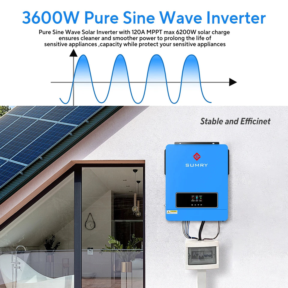 SUMRY 3.6KW 24V 120V Solar Inverter Pure Sine Wave Off Grid MPPT 110A Controller Charger 120A for Home Use