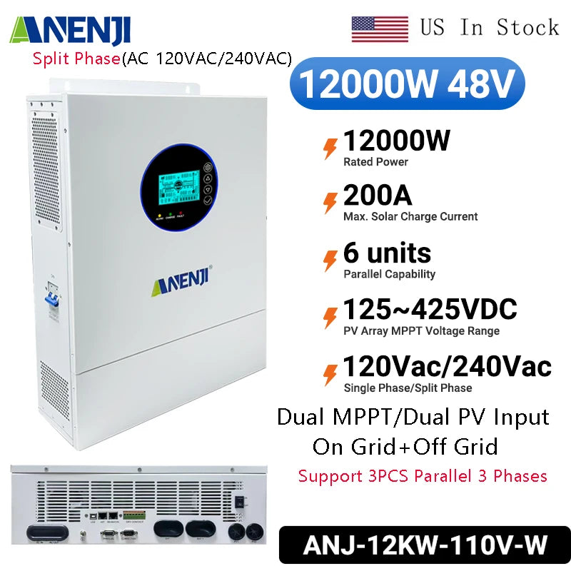ANENJI Split Phase 12KW 48V Hybrid Solar Inverter 2 MPPT AC 120VAC 240VAC Pure Sine Wave Off Grid Tie MPPT 200A Solar Charger PV 500VDC Dual PV Input