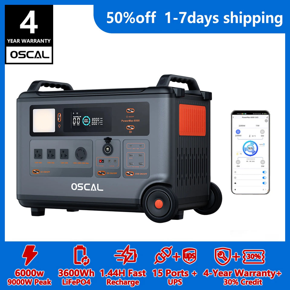OSCAL PowerMax 6000 Whole Home Solar Generator,3600Wh LiFePO4 | 6000W (9000W Surge) | 1.96 H Charge | 240V/120V DC/AC Bi-Directional Inverter | for Home Emergency, Outdoor Camping，Hurricane Backup