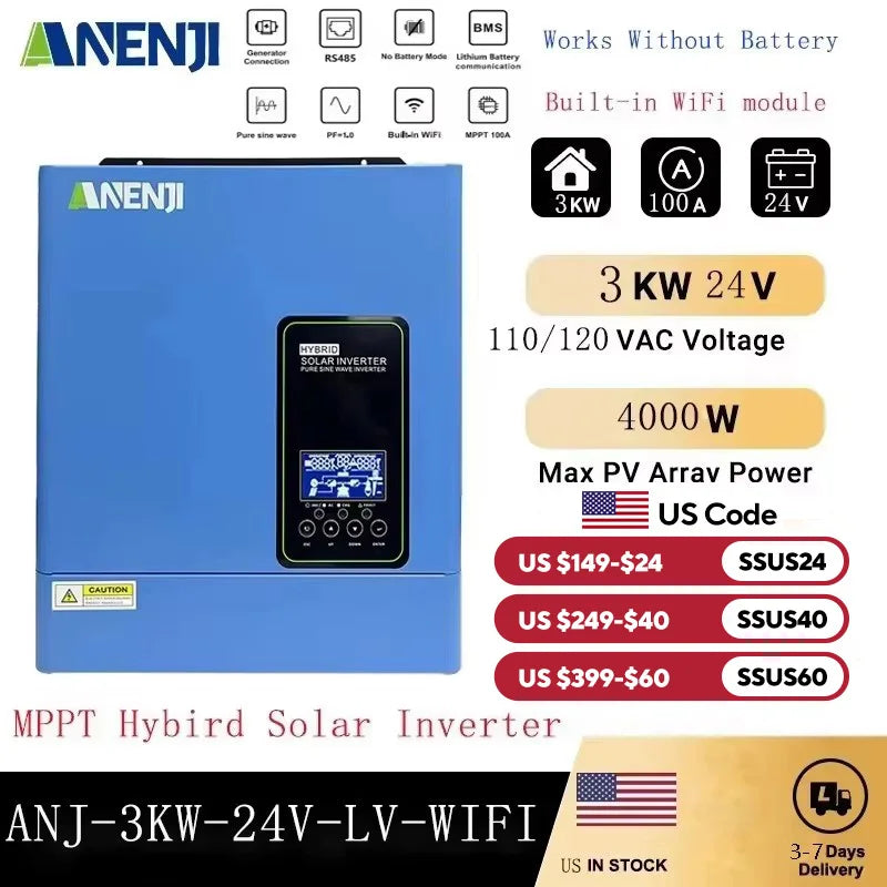 ANENJI Hybrid Solar Inverter 3KW 24V 110V/120V MPPT Pure Sine Wave Off Grid Photovoltaic Inverter with100A Solar Charger PV 500V