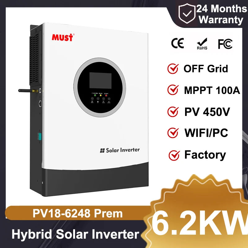 MUST PV1800 Prem 3KW 24V 6.2KW 48V Home MPPT Hybrid Solar Inverter PV 450V MPPT 100A Double Output OFF Grid Solar System WIFI