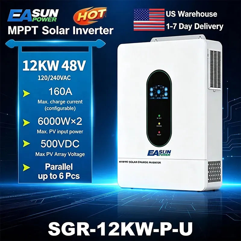 EASUN POWER US 12KW 12000W Split Phase Solar Inverter Two MPPT Hybrid Solar Inverter 160A 500VDC PV Input 110VAC 48VDC Pure Sine Wave Hybrid Dual Output With WIFI 120V/220V Parallel Solar Charging Control Paralleled With WiFi Duty Free