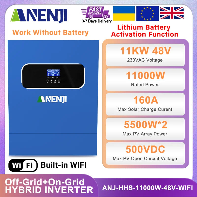 ANENJI 6.2KW 4.2KW 11KW Solar Inverter Hybrid 48V 24V Pure Sine Wave On/OffGrid MPPT 120A 160A PV 500VDC Solar Charge Controller