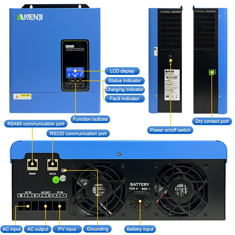ANENJI 110VAC/120VAC 4.2KW 24V Hybrid Solar Inverter MPPT Off Grid 120A Solar Charger PV 500VDC for PV Solar