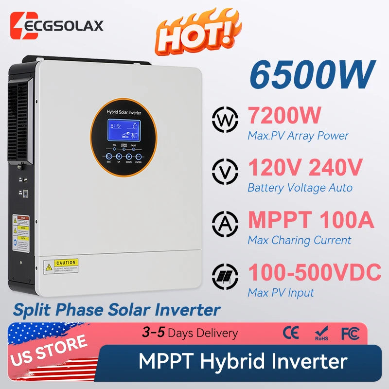 ECGSOLAX 6.5KW Hybrid Solar Inverter 48V 120V 240V With MPPT 100A Solar Charger Split Phase Pure Sine Wave Inverter Max PV 500V