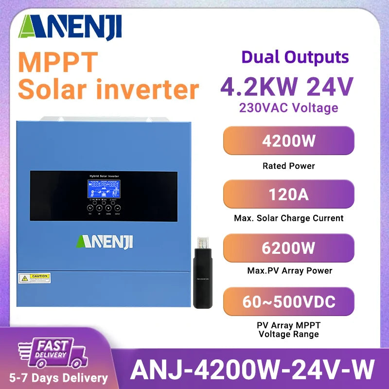 ANENJI 6.2KW 4.2KW 11KW Solar Inverter Hybrid 48V 24V Pure Sine Wave On/OffGrid MPPT 120A 160A PV 500VDC Solar Charge Controller