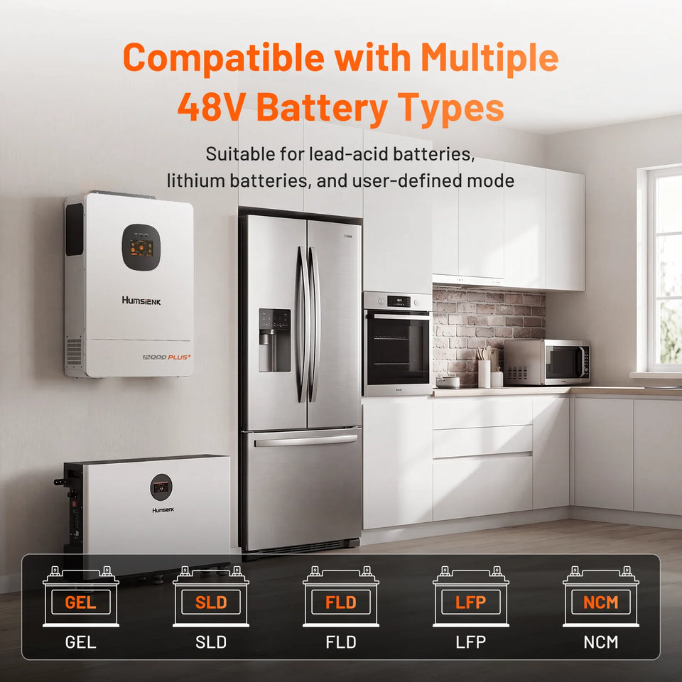 Humsienk 48V 12KW/8KW 3-in-1 Solar Hybrid Inverter, Dual MPPT, 120V/240V Split/Single Phase, 12kW Pure Sine Wave Output, Safety Protections, With USB/RS485/CAN, LCD Display & Remote Monitoring For Off-Grid System