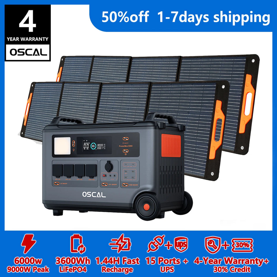 OSCAL PowerMax 6000 Whole Home Solar Generator,3600Wh LiFePO4 | 6000W (9000W Surge) | 1.96 H Charge | 240V/120V DC/AC Bi-Directional Inverter | for Home Emergency, Outdoor Camping，Hurricane Backup