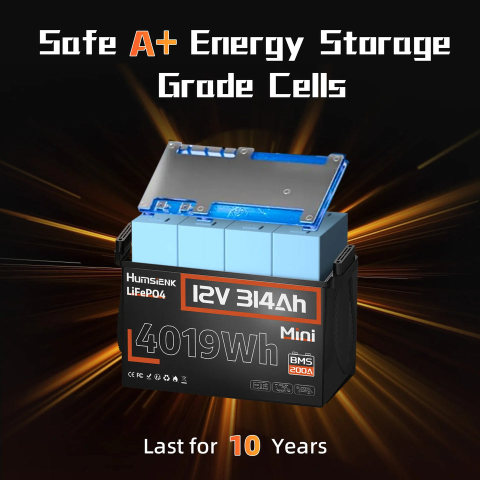Humsienk 12V 314Ah LiFePO4 Battery, Size MINI, Capacity 4019Wh, Built-in 200A BMS, 15000+ Deep Cycle, For Fishing, Portable Power Station, Golf Cart, Boat, Marine, Off-Grid, Solar, 5-Year Warranty