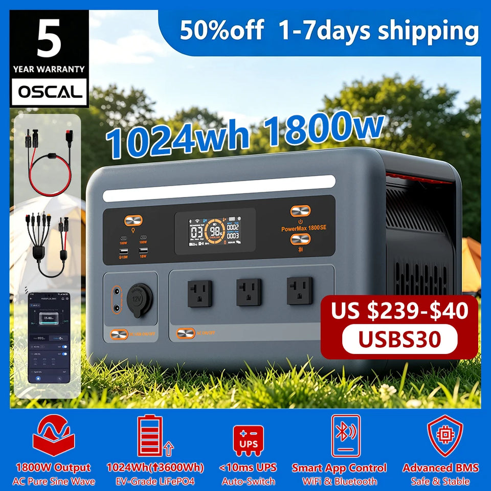 OSCAL PowerMax 1800se 1800W/120V Portable Power Station 1024Wh LiFePO4 Continuous 3600W Surge 1H Fast Charge UPS Solar Generator APP Control for Home Hurricane Camping RV