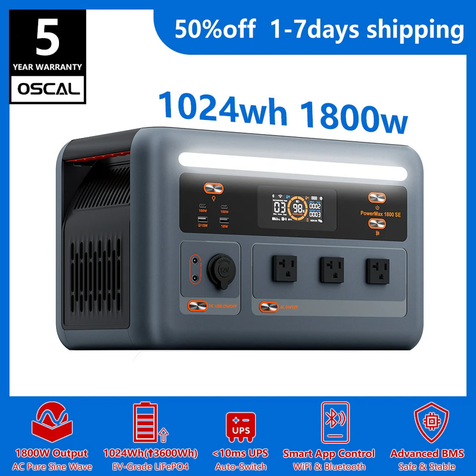 OSCAL PowerMax 1800se 1800W/120V Portable Power Station 1024Wh LiFePO4 Continuous 3600W Surge 1H Fast Charge UPS Solar Generator APP Control for Home Hurricane Camping RV