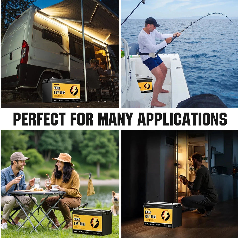 RVPOZWER 12V 100Ah Lithium Battery Nominal Capacity LiFePO4 1280Wh Battery 100A BMS Solar Portable Rechargeable 15000 Cycles for RV Applications Marine Travel Trailer Off-grid Application