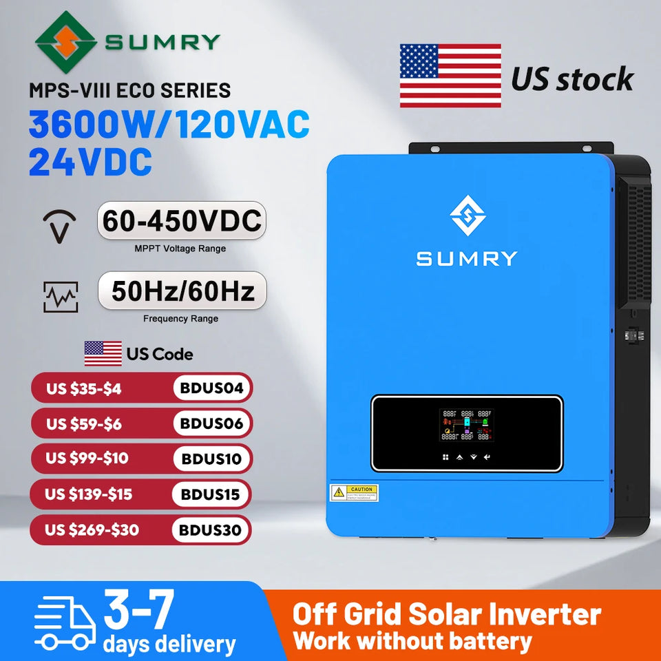 SUMRY 3.6KW 24V 120V Solar Inverter Pure Sine Wave Off Grid MPPT 110A Controller Charger 120A for Home Use