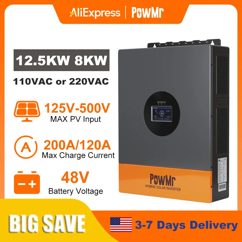PowMr 12.5KW 8KW Split Phase Inverter 110V or 220V Hybrid Solar Inverter 48V Dual Output Off Grid Inverter with MPPT 200A 120A Solar Battery Charger Parallel Up to 6 Units