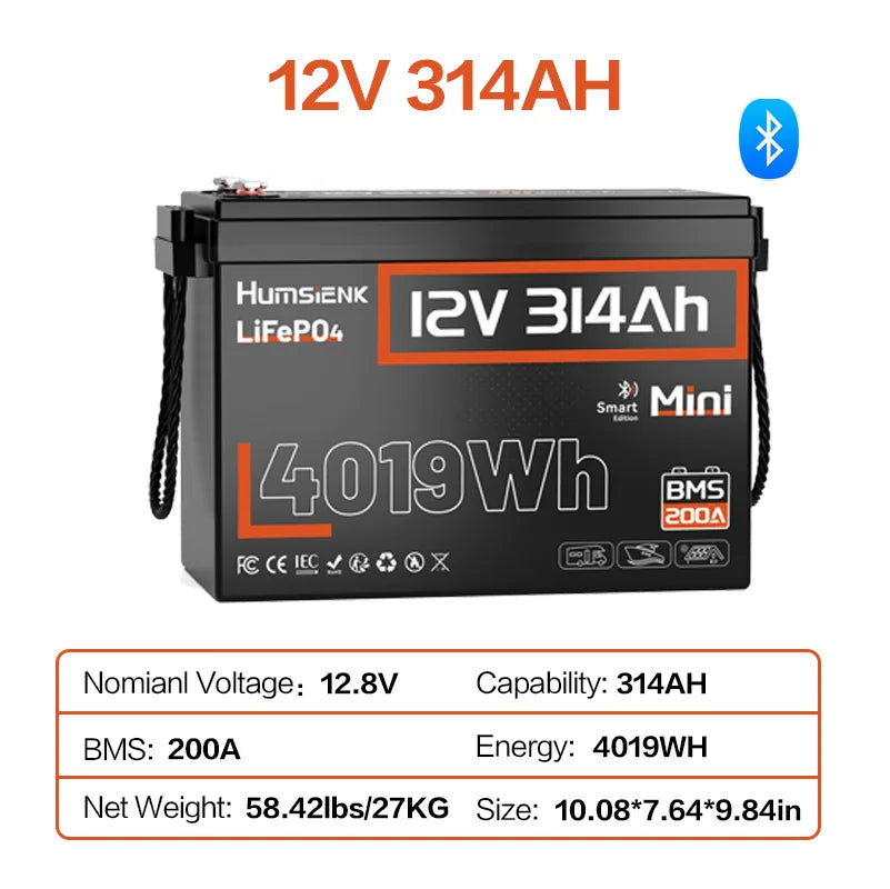 Humsienk 12V 314Ah LiFePO4 Lithium Battery Packs With Bluetooth 200A BMS Rechargeable For RV Golf Cart Camping Fishing Boats