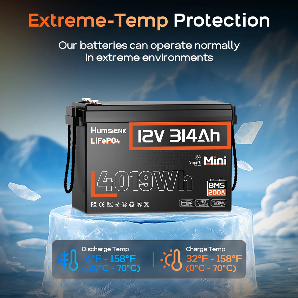 Humsienk 12V 314Ah LiFePO4 Lithium Battery Packs With Bluetooth 200A BMS Rechargeable For RV Golf Cart Camping Fishing Boats