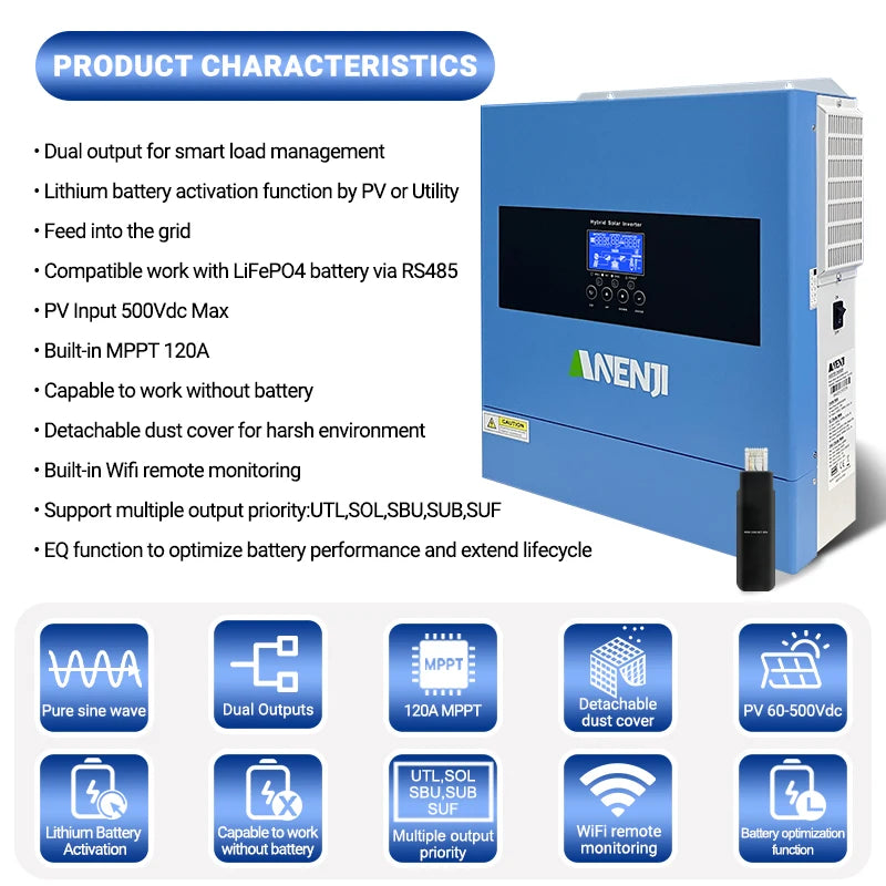 ANENJI 4.2KW 220v 3KW 110V Hybrid Solar Inverter Off Grid Inverter Built MPPT 100A Solar Charge Controller Fit Work Without Battery