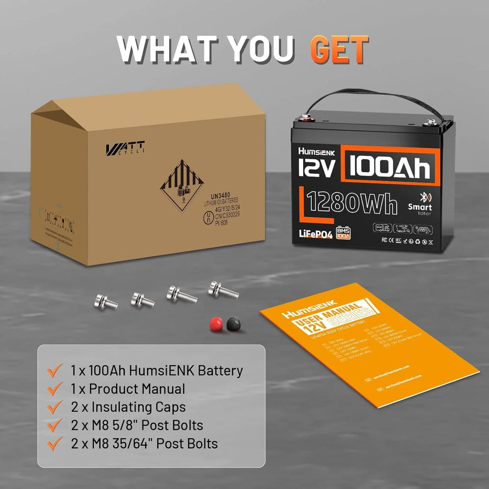 HumsiENK LiFePO4 12.8V 100Ah Grade A Battery 8000 Cycles Built-in Bluetooth & 100A BMS For Boat /RV /Camping/Portable/solar energy storage