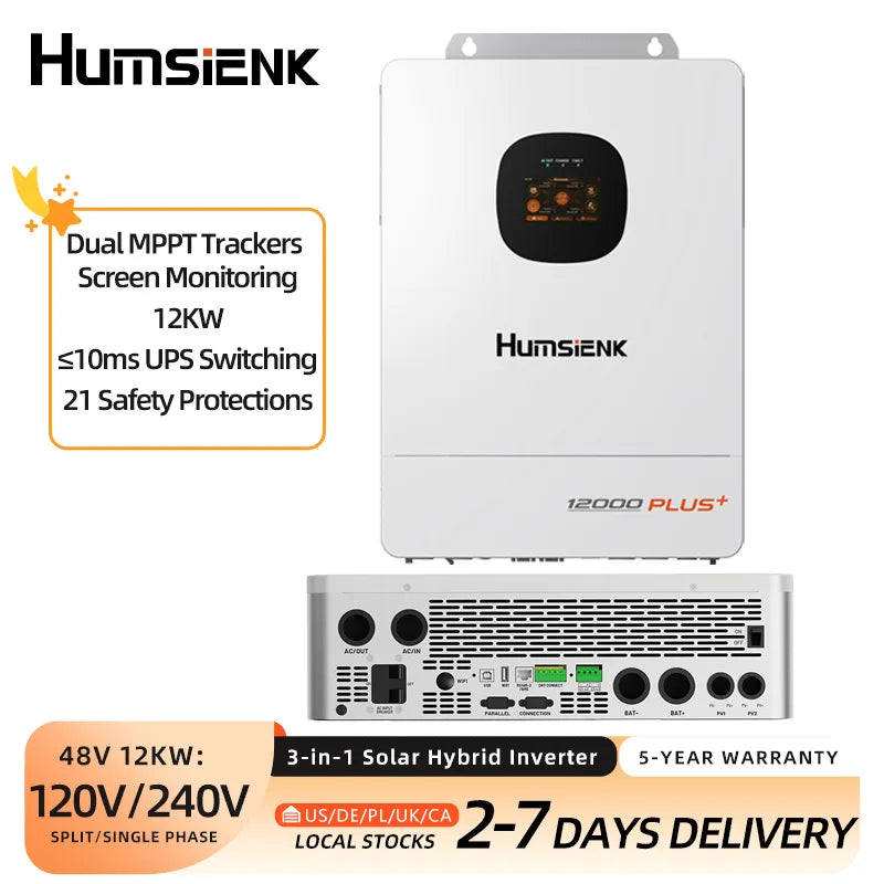 Humsienk 48V 12KW/8KW 3-in-1 Solar Hybrid Inverter, Dual MPPT, 120V/240V Split/Single Phase, 12kW Pure Sine Wave Output, Safety Protections, With USB/RS485/CAN, LCD Display & Remote Monitoring For Off-Grid System
