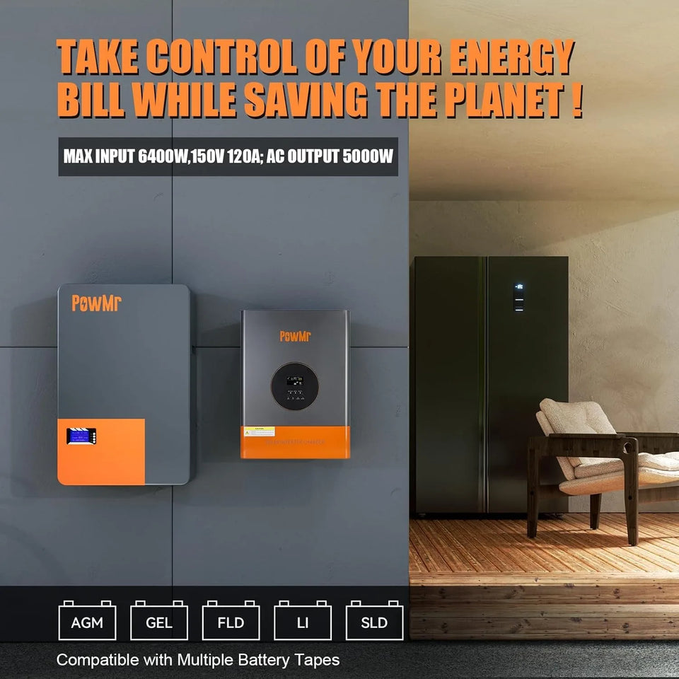 PowMr 5KW 10KW 48V Spilt-Phase Hybrid Inverter 120V/240V Low-Frequency Inversor 120A MPPT Controller Max PV 5400W fit LifePo4 Batteria for Home